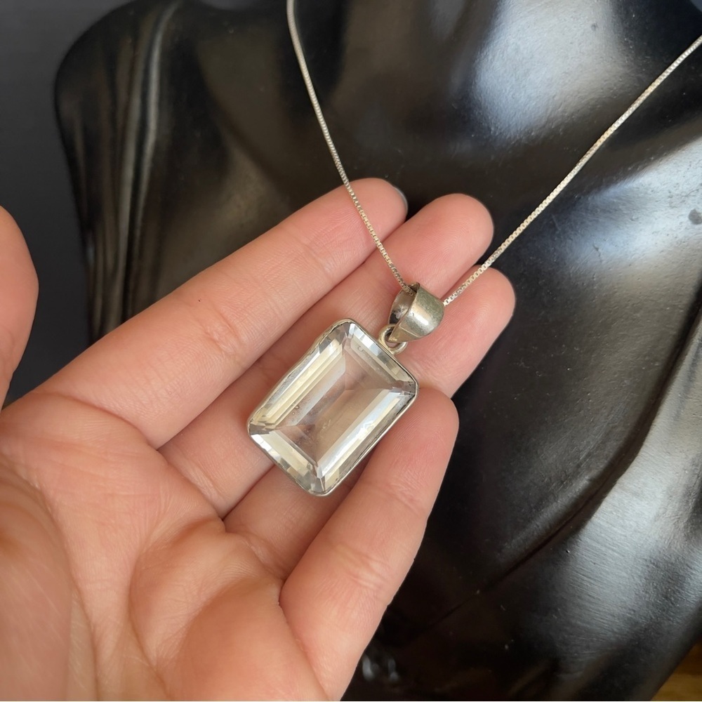 Sterling Silver Statement White Topaz Emerald Cut Pendant Necklace 15 Inch